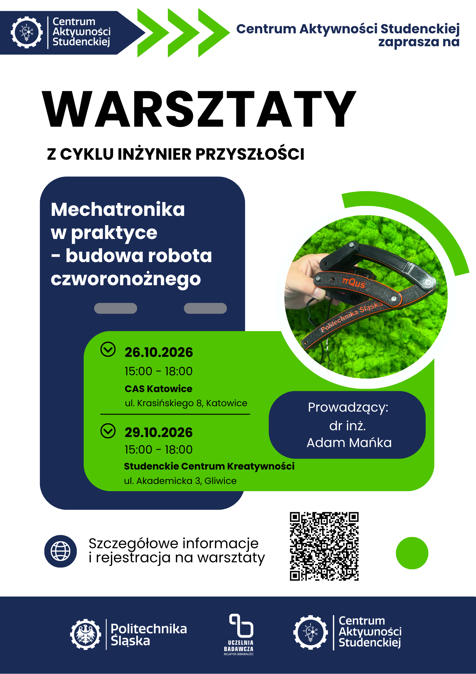plakat Warsztaty IP Mechatronika w praktyce - budowa robota czworonożnego 26 i 29 pażdziernika