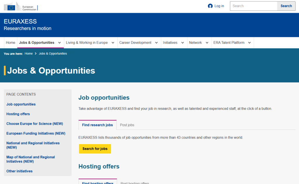 zrzut ekrany przedstawiający portal euraxess