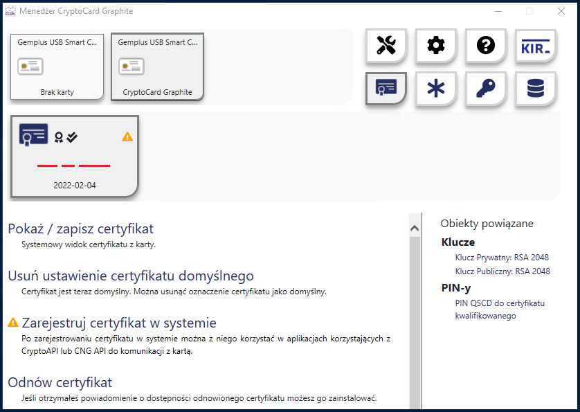 Widok aplikacji CryptoCard w sytuacji gdy certyfikat KIR nie jest zainstalowany w systemie