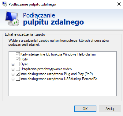 Lista lokalnych zasobów wykorzystywanych w połączeniu RDP