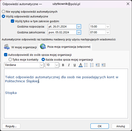 Ustawienia programu pocztowego Outlook 365