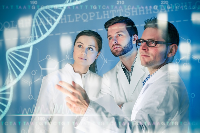 Genetic engineering. Group of scientists working at the laboratory
