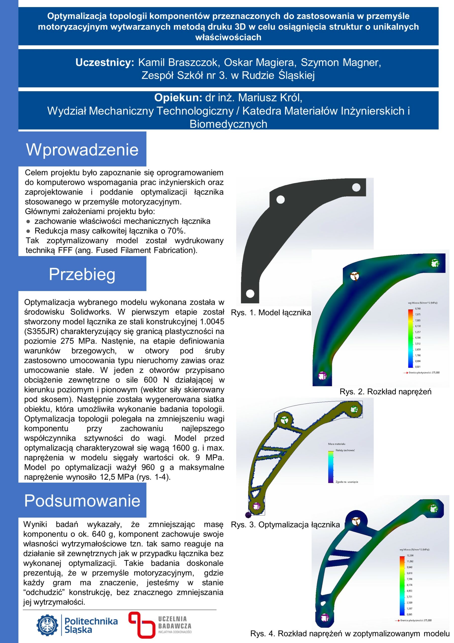 Poster Optymalizacja topologii komponantów motoryzacyjnych w druku 3D