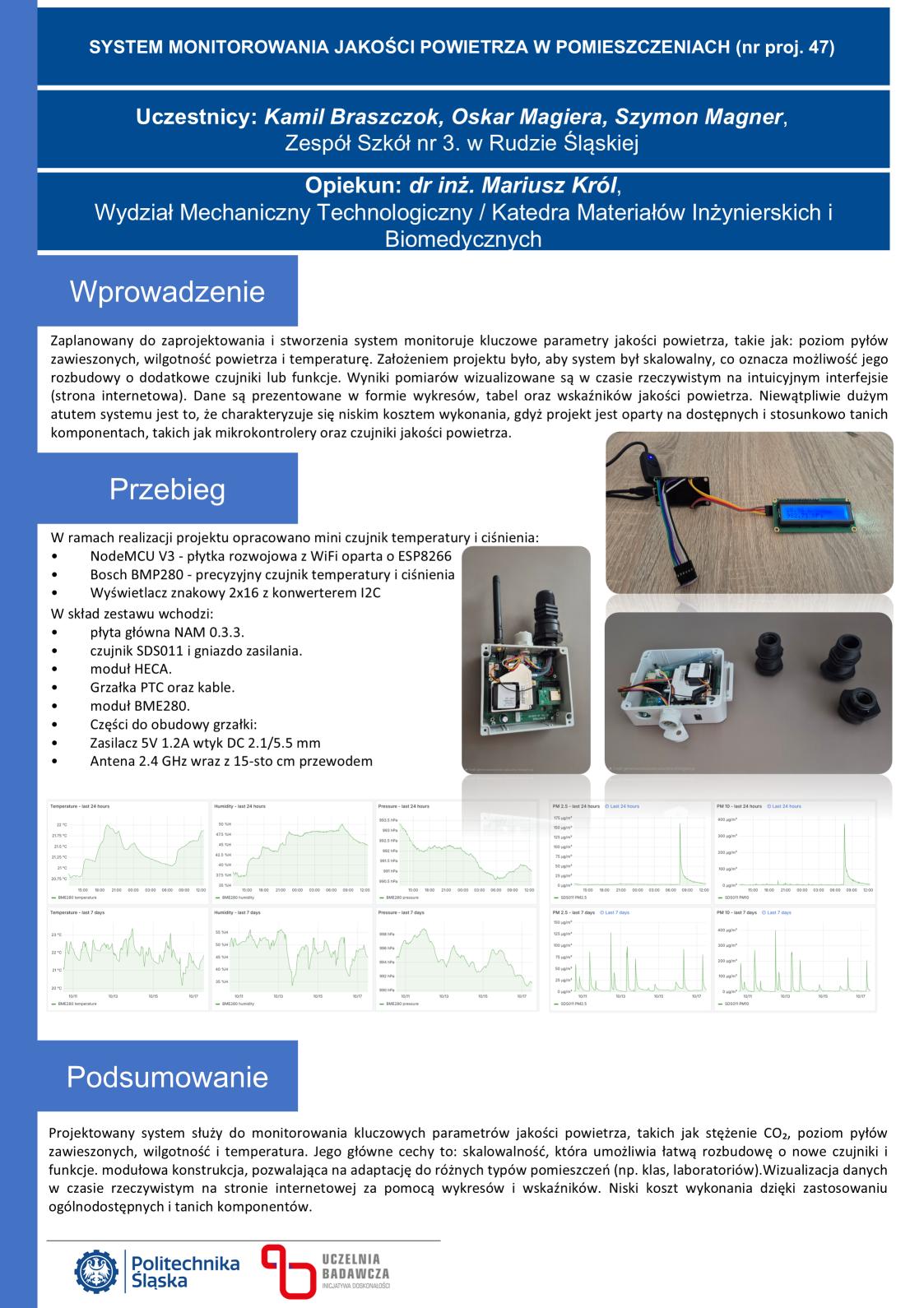 SYSTEM MONITOROWANIA JAKOŚCI POWIETRZA W POMIESZCZENIACH Kamil Braszczok, Oskar Magiera, Szymon Magner