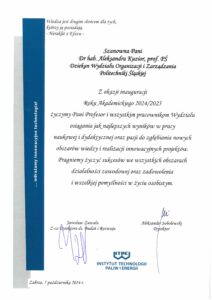 Życzenia Dyrektora Instytutu Technologii Paliw i Energii z okazji inauguracji roku akademickiego 2024/2025