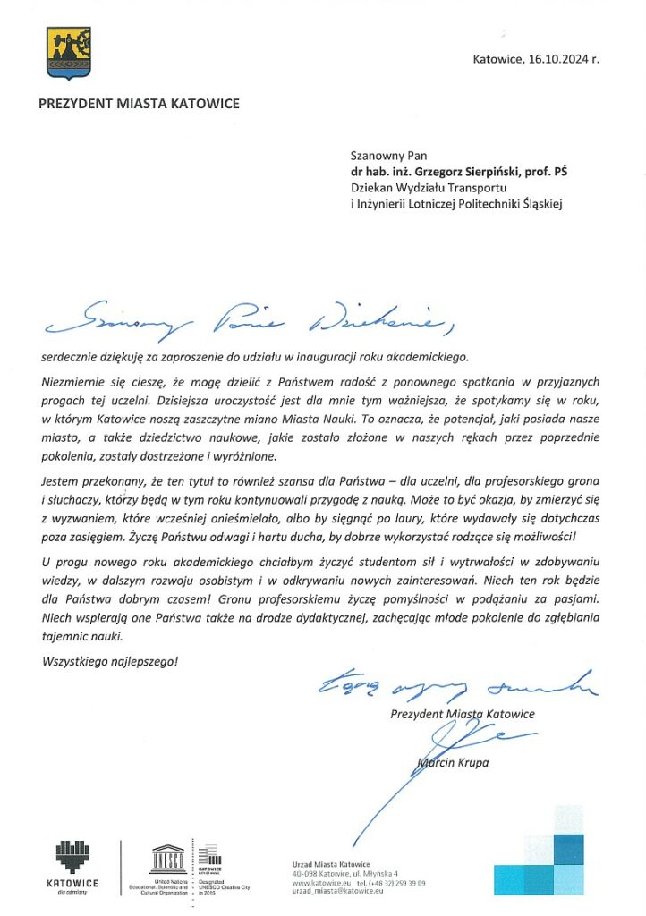 list gratulacyjny prezydenta Katowic