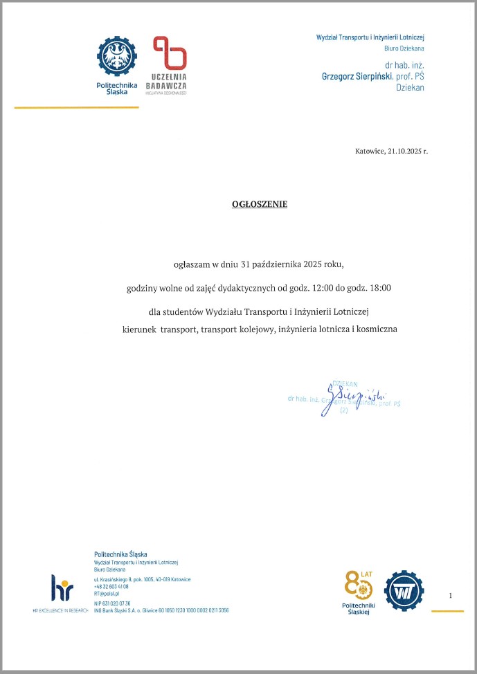 skan ogłoszenia godzin dziekańskich 31.10.2025 od 12.00 do 18.00 podpisany przez dziekana Grzegorza Sierpińskiego