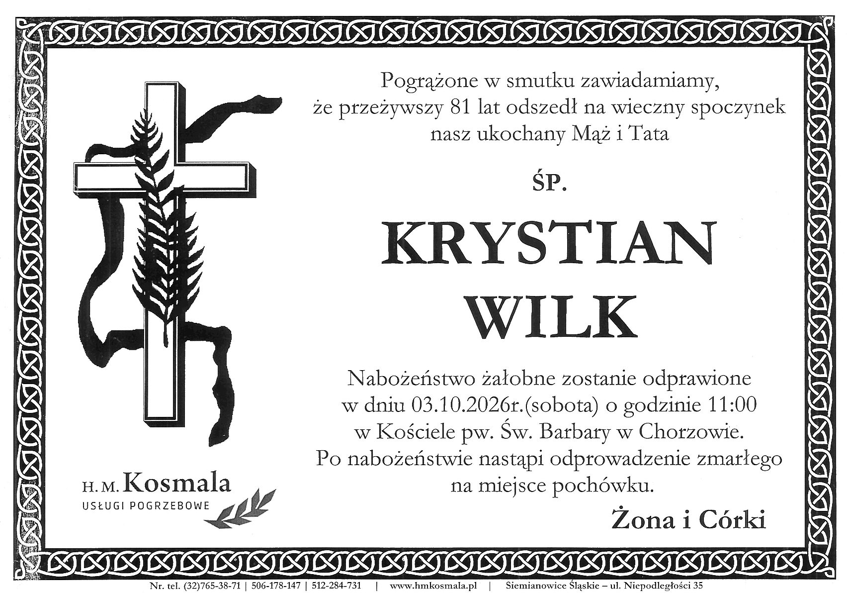 nekrolog Krystiana Wilka