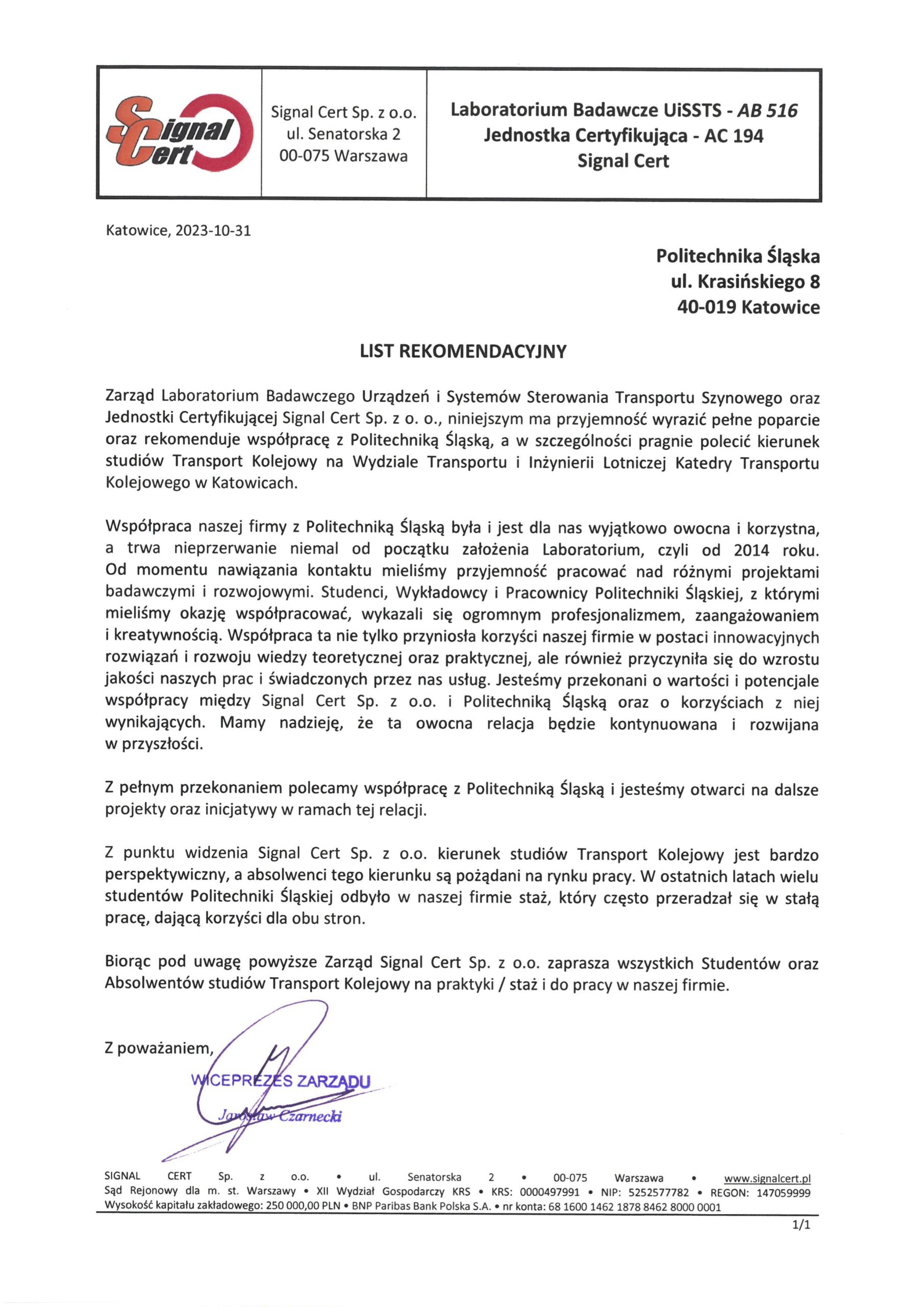 Politechnika Śląska list rekomendacyjny-sig