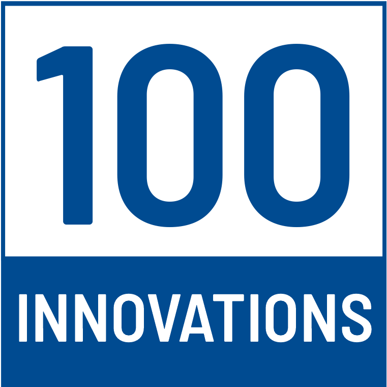 na zdjeciu widzimy logo bazy TOP 100 Innovations. Na białym tle granotwy napis 100 a pod nim na grantowym tle napis biały innovations