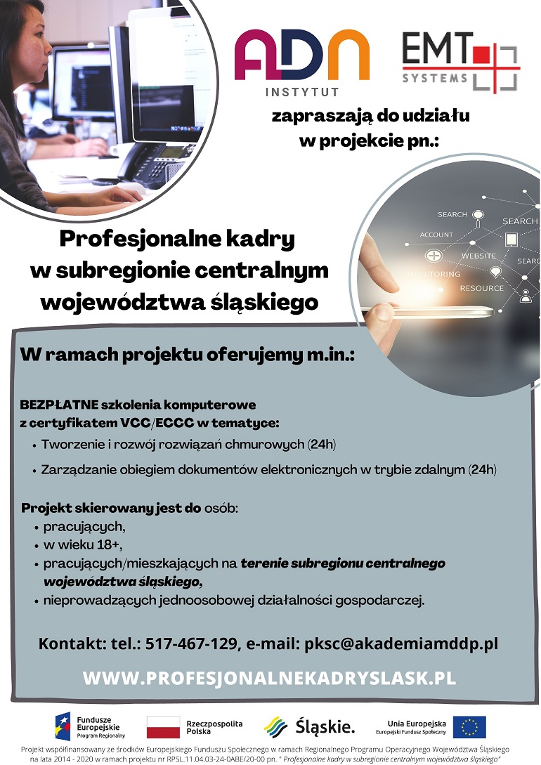 Na zdjęciu widzimy banner reklamowy szkoleń, na plakacie są napisy oraz zdjęcie kobiety przy komputerze