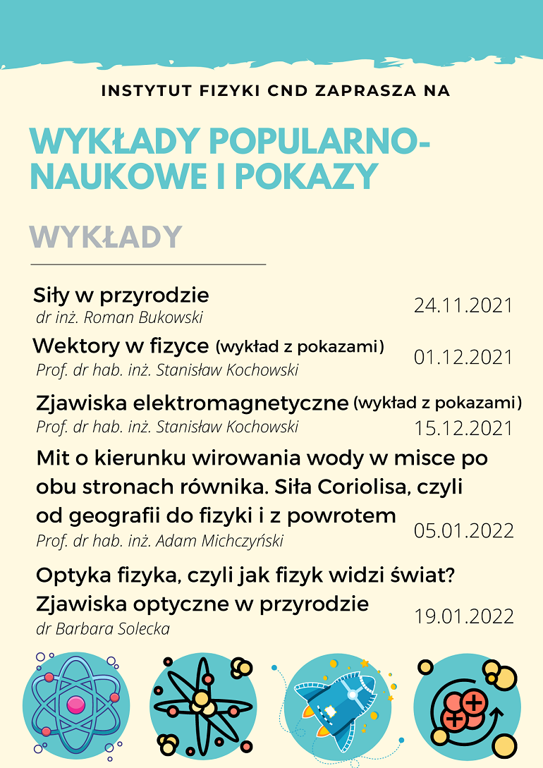 Na zdjęciu widzimy plakat reklamowy zapraszający uczniów na pokazy i wykłady popularnonaukowe. Na bezowym tle widzimy tytuły wykładów. Na dole kolorowe rysunki rakiety, układu słonecznego i symboli matematycznych