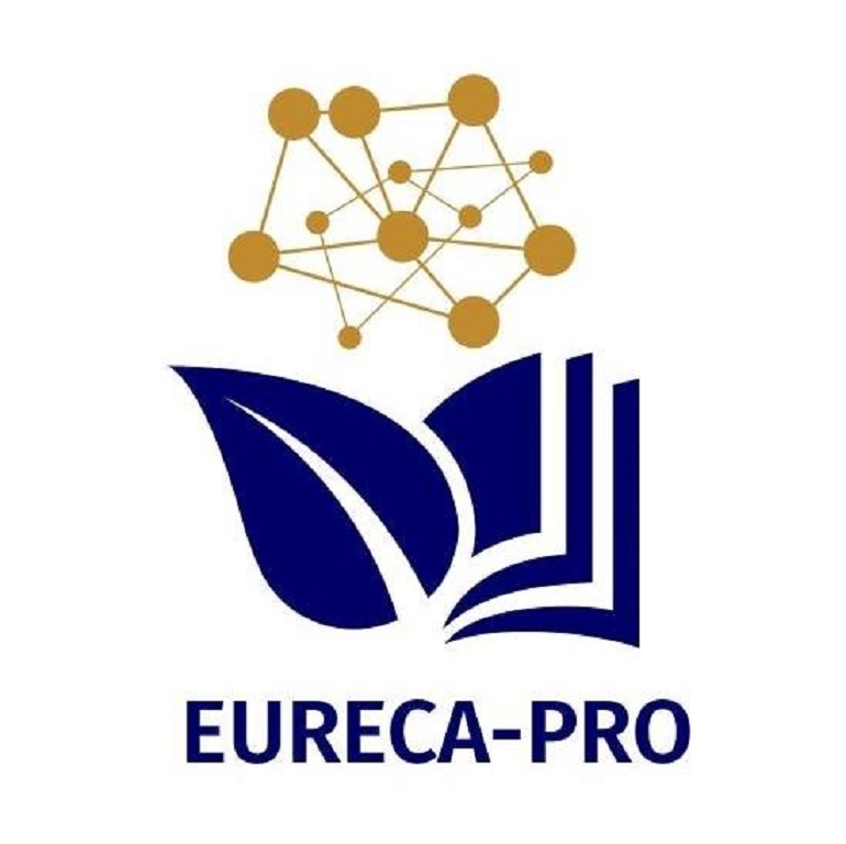 Na grafice widzimy logo Eureca Pro. Na białym tle grantowa otwarta książka i liść powyżej żółte linie połączone kropkami