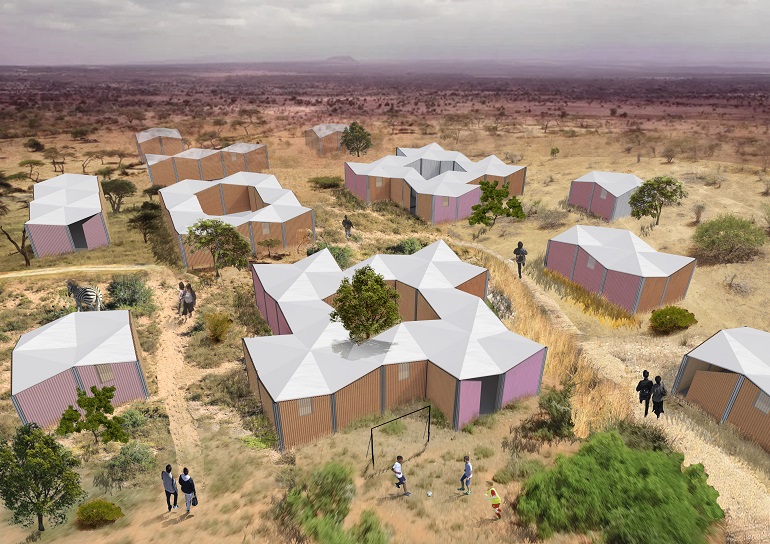 Na wizualizacji projektu widzimy z lotu ptaka tymczasowe domy zaprojektowane przez architektów z Polski. Są małe domki z tektury stojące na pustyni wokół nich nieliczne drzewa.