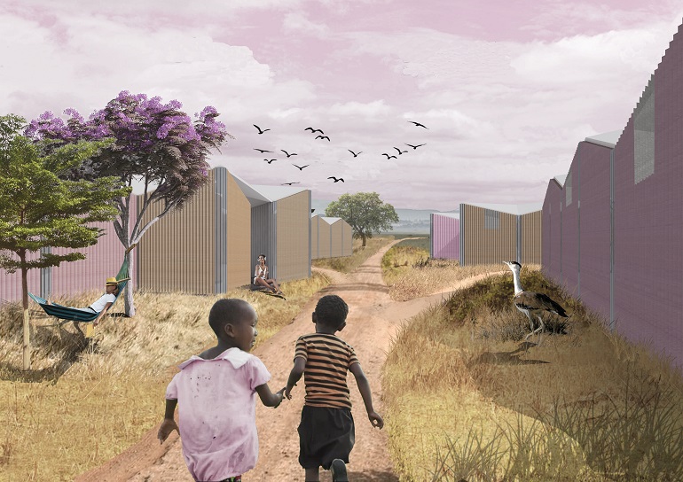 Na wizualizacji projektu widzimy dwoje dzieci z Afryki biegnące między tymczasowymi domami. Domy są kolorowe różowe i beżowe. Wokół nieliczne drzewa na dwóch z nich rozwieszony hamak, na którym leży mężczyzna. Na niebie lecą ptaki