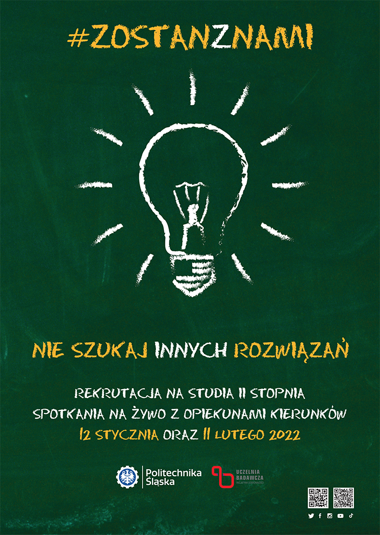 Na zdjęciu widzimy zielona grafikę rekrutacyjną. Na zielonym tle narysowana biała żarówka i napis zostań z nami