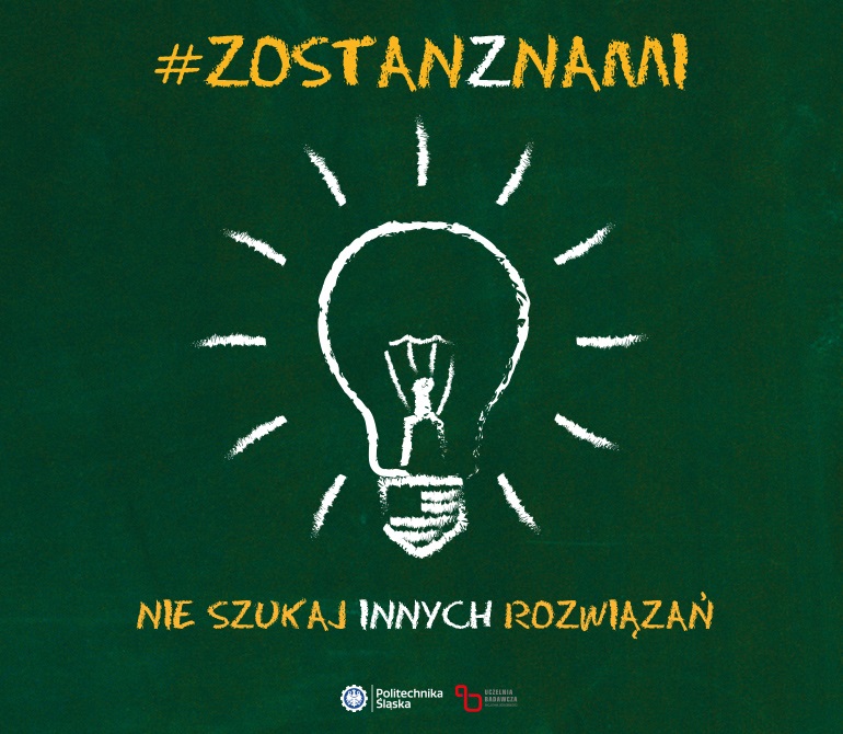 Na zielonej grafice widzimy narysowany biały zarys żarówki a powyżej na żółto jest napis zostań z nami