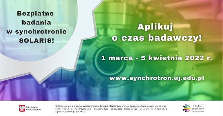 Na tęczowej grafice napisy zachęcające do badań w synchrotronie