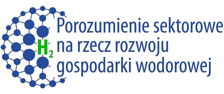 Na zdjęciu widzimy grafikę z napisem Porozumienie sektorowe na rzecz rozwoju gospodarki wodorowej. Po prawej stronie narysowane koło z kropek i napis H2