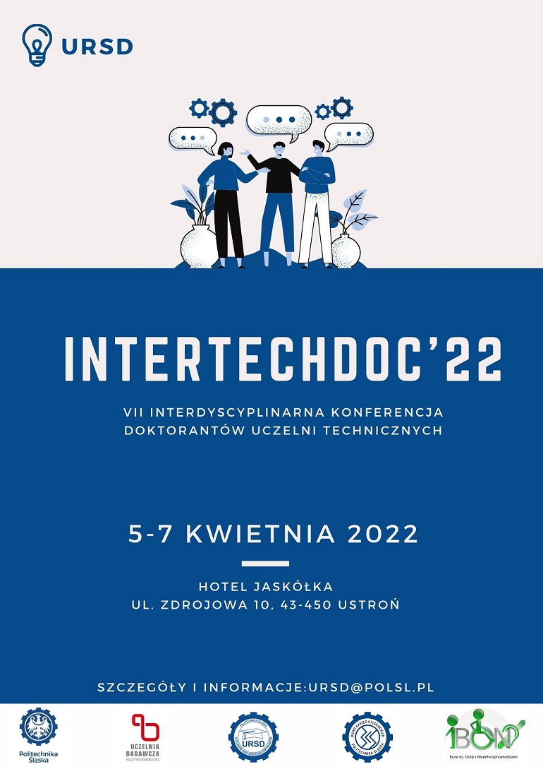 Na szaro grantowej grafice widzimy napisy InterTechDoc’2022 oraz namalowane trzy postaci oraz logo Uczelnianej Rady Samorządu Doktorantów.