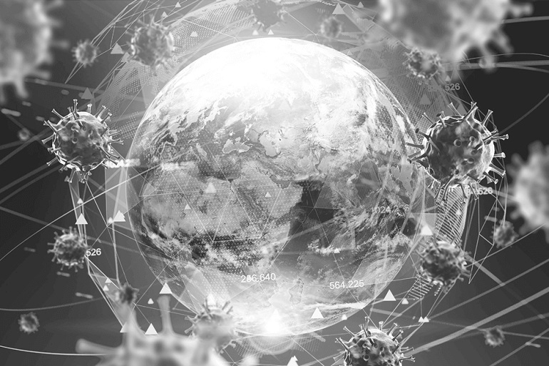 Na czarno białym zdjęciu widzimy kulę ziemska okrążoną przez wirusy
