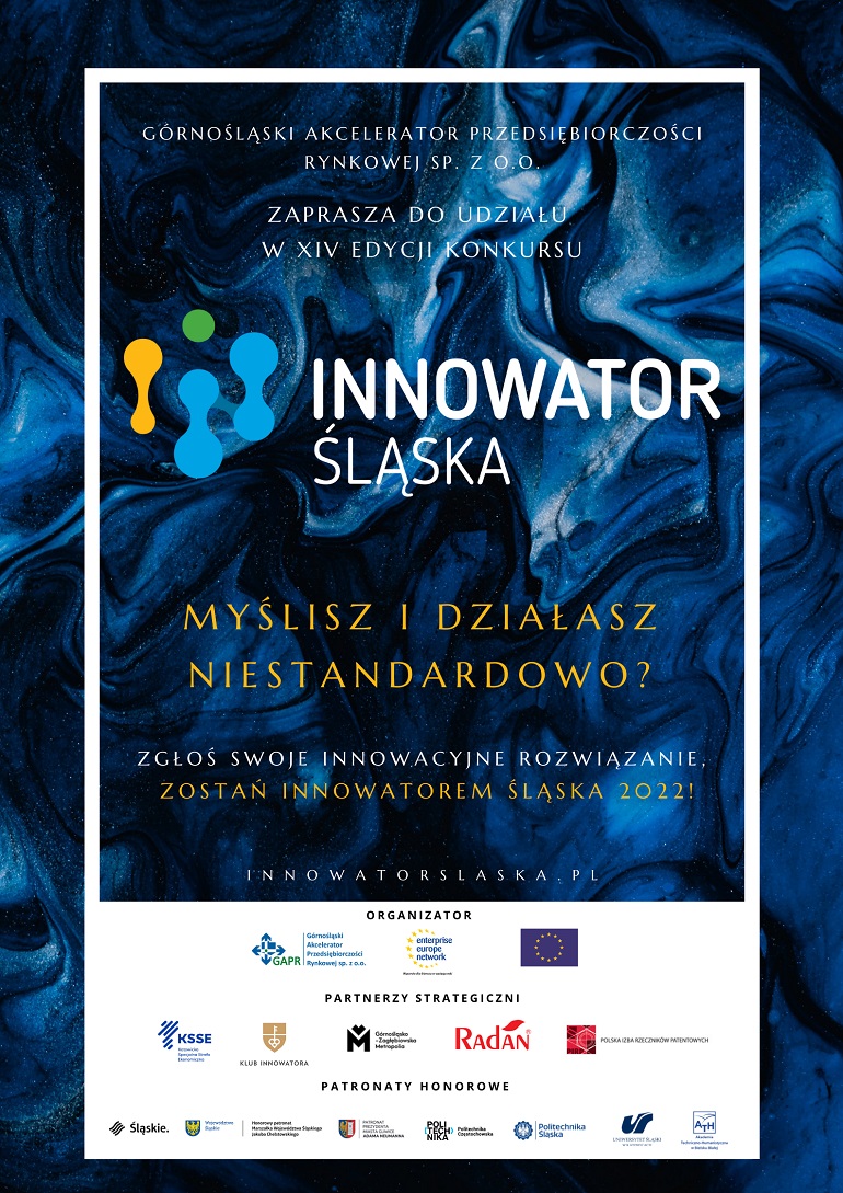 Na niebieskiej grafice widzimy zaproszenie do konkursu z napisem Innowator Śląska