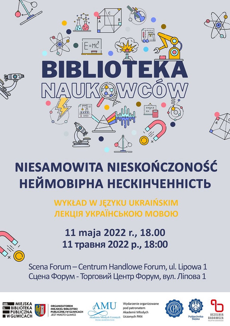 Na obrazu widać plakat z napisem: Biblioteka Naukowców, z informacjami, gdzie i kiedy odbędzie się wykład.