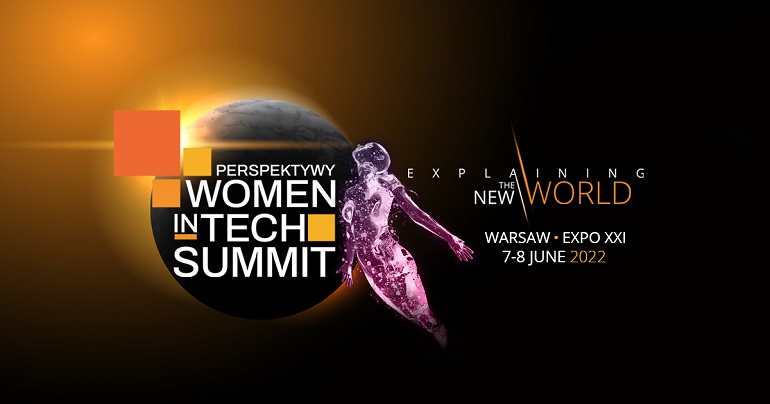Na pomarańczowo czarnej grafice widzimy koło z napisem Perspektywy Women in Tech Summit 2022 obok rzeźba kobiety