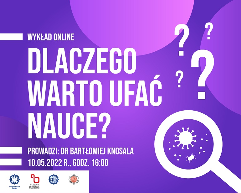 Na fioletowej grafice widzimy zaproszenie na wykład – biały napis i znaki zapytania, oraz lupkę. W lewym dolnym rogu log Politechniki Śląskiej, Uczelni Badawczej i Centrum Popularyzacji Nauki