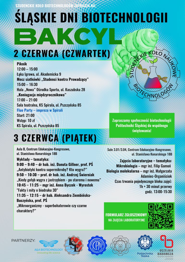Grafika przedstawia plakat na temat Dni Biotechnologii Bakcyl, gdzie rozpisany jest program.