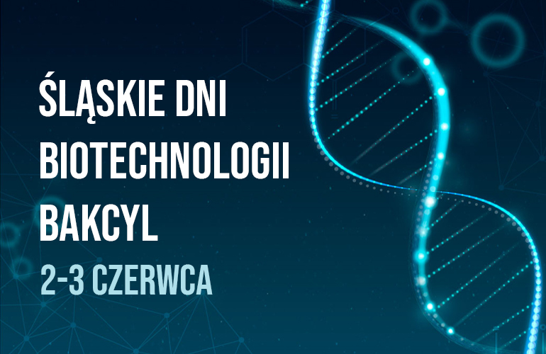 Grafika przedstawiające napis: Śląskie Dni Biotechnologii Bakcyl, na czarnym tle.