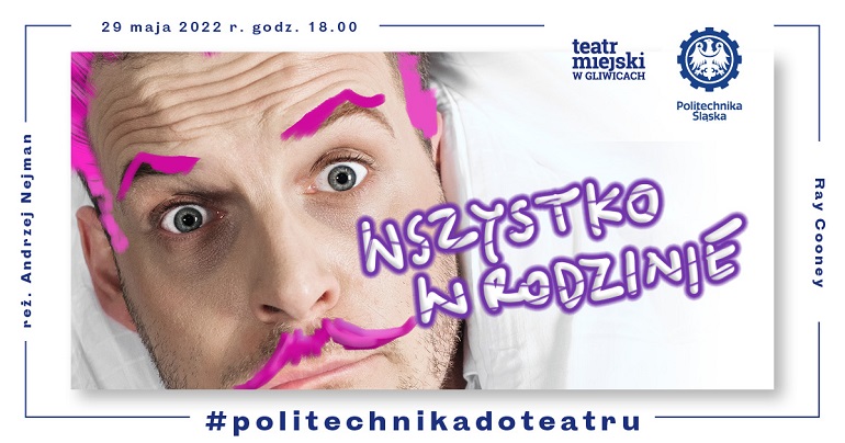 Na grafice widzimy plakat reklamujący spektakl. Na białym tle jest zdjęcie twarzy mężczyzny z namalowanymi na różowo wąsami i brwiami.