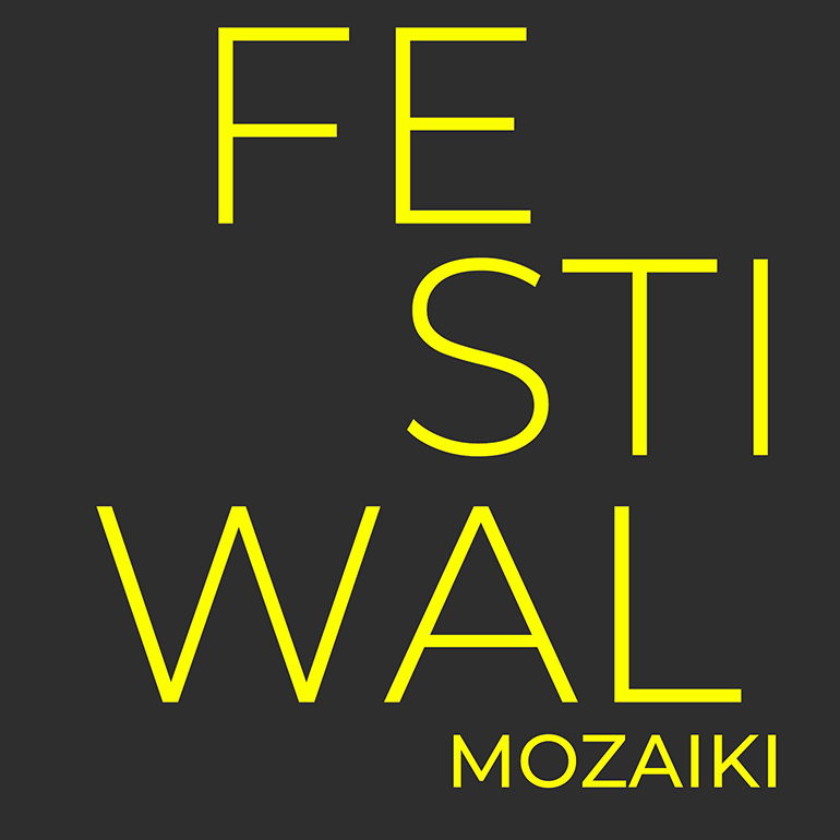 Na szarej grafce widzimy żółte napisy Festiwal Mozaika