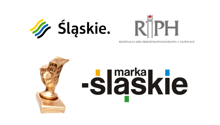Na graficie widzimy logo konkursu, logo regionalnej izby handlowej w Gliwicach, województwa śląskiego i zdjęcie pucharu