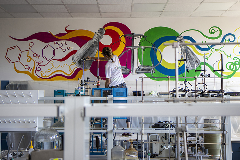 Zdjęcie przedstawia malarkę tworzącą mural w laboratorium chemicznym.