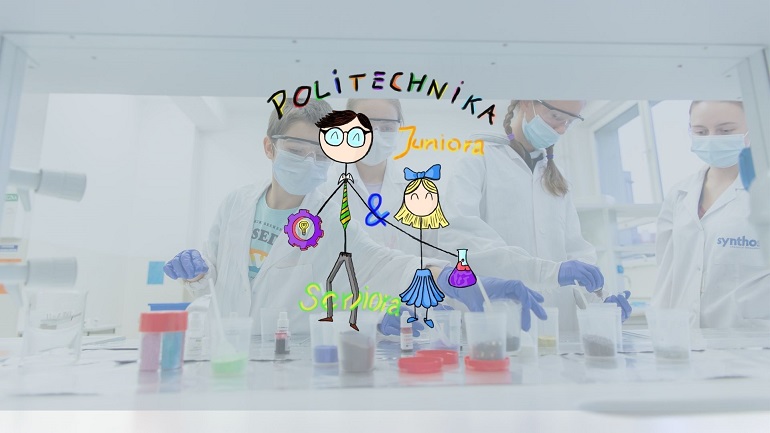 Na zdjęciu widzimy grafikę Politechniki Juniora i Seniora. Jest to rysunkowy ludzik i dziecko. W tle zdjęcie czterech naukowców pracujących w laboratorium