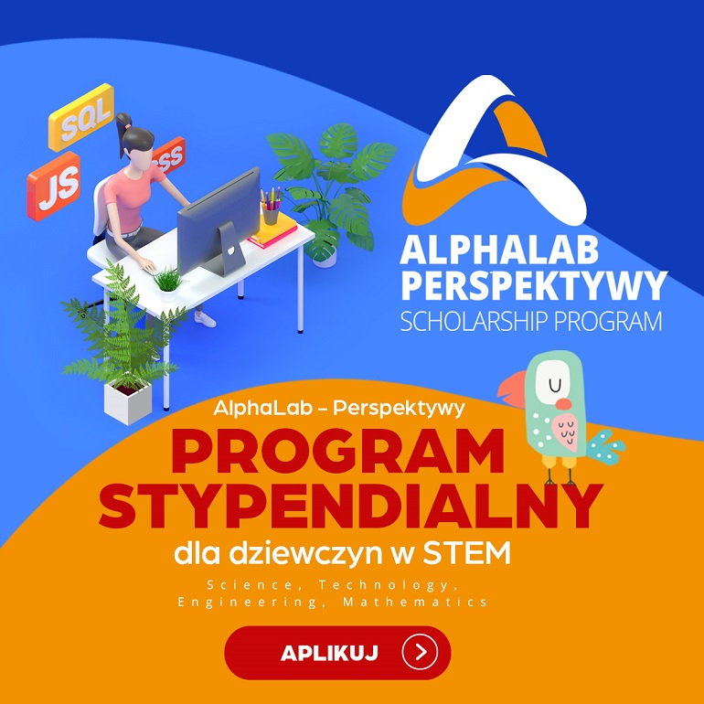 Na kolorowej grafice widzimy napis Program Stypendialny dla dziewczyn w STEM oraz rysunek dziewczyny siedzącej przy komputerze.