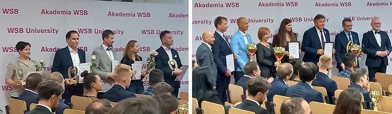 Na dwóch zdjęciach widzimy uczestników Gali stojących na tle ścianki z napisami WSB