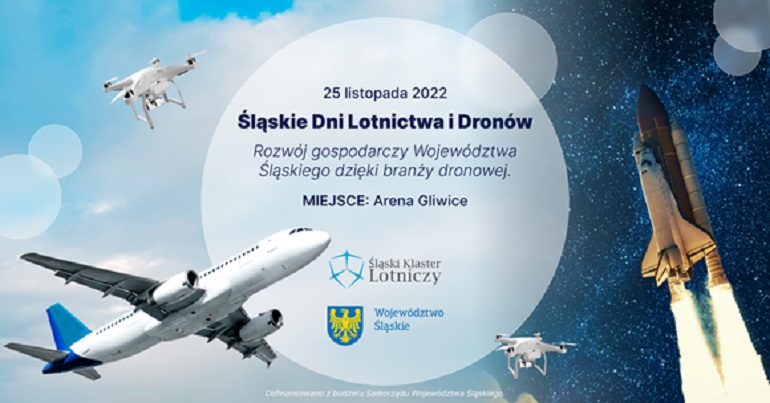 Na zdjęciu widzimy grafikę zapraszającą na Śląskie Dni Lotnictwa i Dronów. Oprócz napisów widzimy lecący samolot oraz rakietę