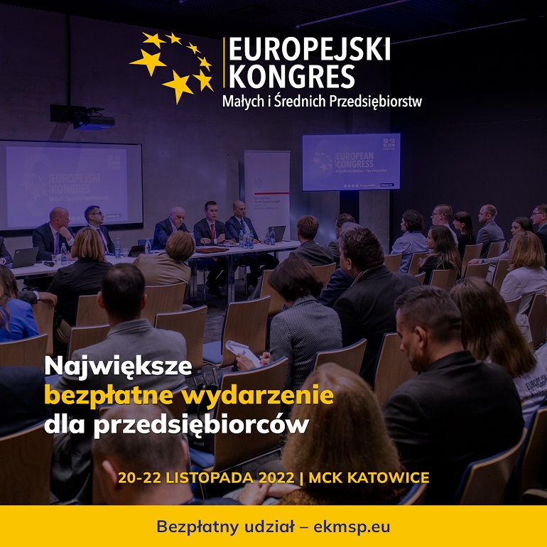 Na grafice widzimy salę konferencyjną podczas kongresu. Na pierwszym planie tyłem na krzesłach siedzą uczestnicy w oddali widać stolik, przy którym siedzą prelegenci. Na zdjęciu napisy Europejski Kongres Małych i Średnich Przedsiębiorstw