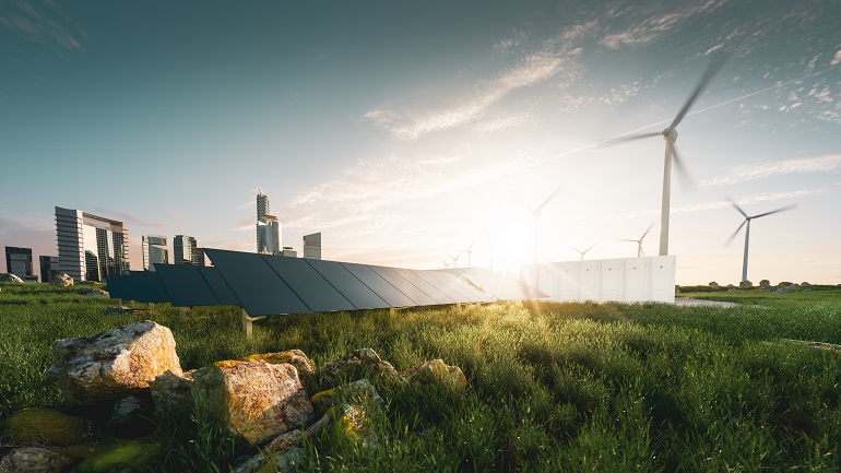 Zdjęcie przedstawiające: Koncepcja Zrównoważonego Rozwiązania Energetycznego W Pięknym Podświetleniu Zachodu Słońca Bezramowe Panele Słoneczne Magazyn Energii Baterii Turbiny Wiatrowe I Duże Miasto Z Skycrapers W Tle Renderowanie 3d - zdjęcia stockowe i więcej obrazów Zasoby odnawialne - iStock (istockphoto.com)