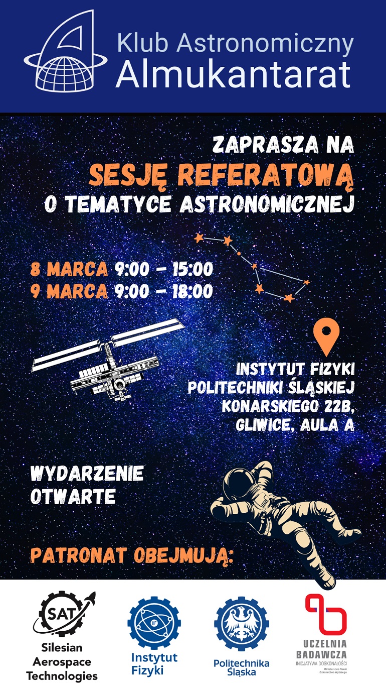Na granatowej grafice widzimy zaproszenie do wzięcia udziału w sesji referatowej oraz narysowanego kosmonautę oraz statek kosmiczny
