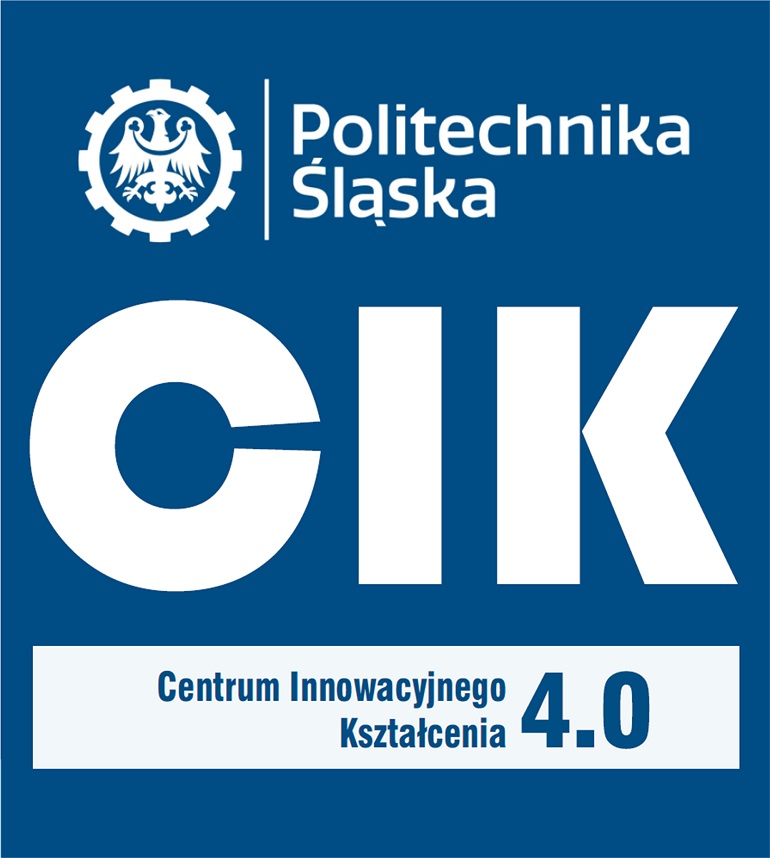 Na granatowej grafice widzimy biały napis CIK oraz logo Politechniki Śląskiej