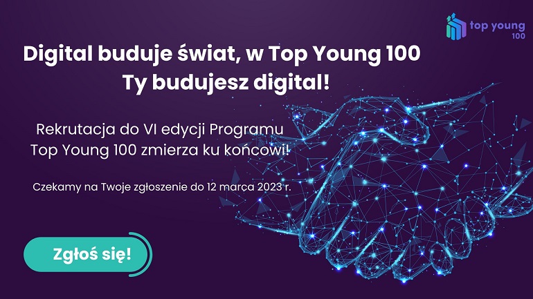 Na grantowej grafice widzimy napisy zapraszające do udziału w programie TOP Young. Obok biała grafika splecionych dłoni