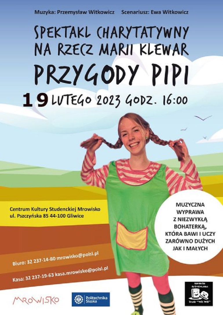 Na grafice widzimy rysunek Pipi i napisy zapraszające na spektakl