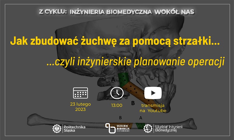 Na zdjęciu widzimy szarą grafikę i żółte napisy zapraszające na wykład