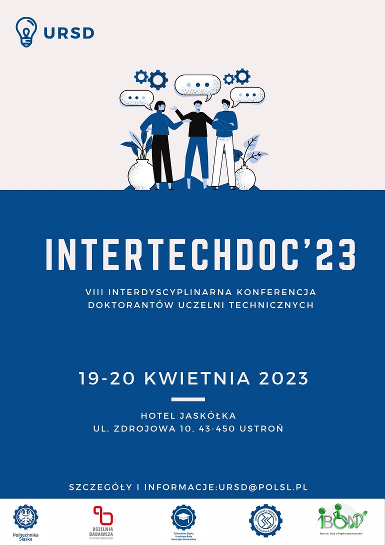 Na zdjęciu widzimy grafikę niebiesko beżową zapraszająca do udziału w konferencji InterTechDOC’23