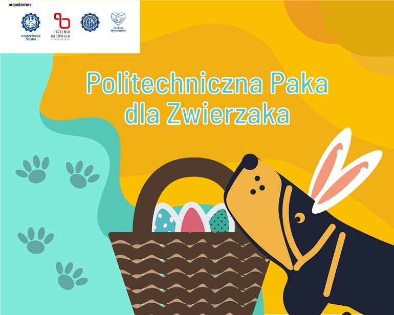 Na grafice widzimy narysowanego pieska niosące w pysku wielkanocny koszyk