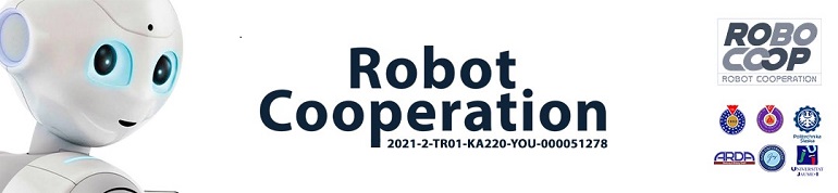 Na białej grafice widzimy napisy projekt edukacyjny RoboCoop oraz głowę robota