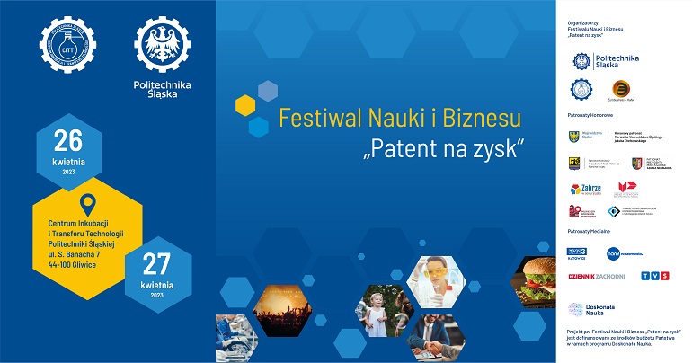 Na zdjęciu widzimy niebieski plakat reklamujący Festiwal Nauki i Biznesu „Patent na zysk”